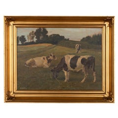 Original Oil on Canvas Painting of Three Cows in Pasture Signed by Rasmus Christ