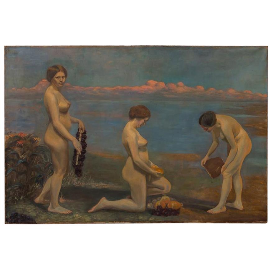 Original Oil on Canvas Painting of Three Female Nudes