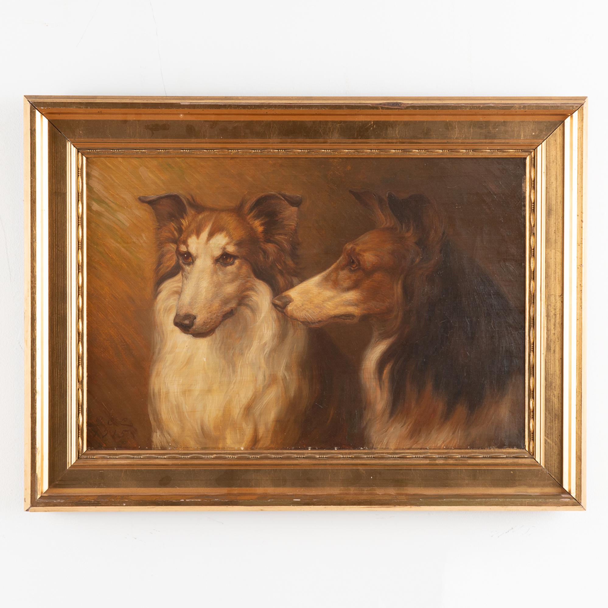 Original oil on canvas painting; portrait of two collies by G. A. Clemens.
Signed and dated G. A. C. 1915. 

Condition: Canvas may benefit from light surface cleaning. Crackles and peelings.
Artist: G. A. Clemens (b. Copenhagen 1870, d.