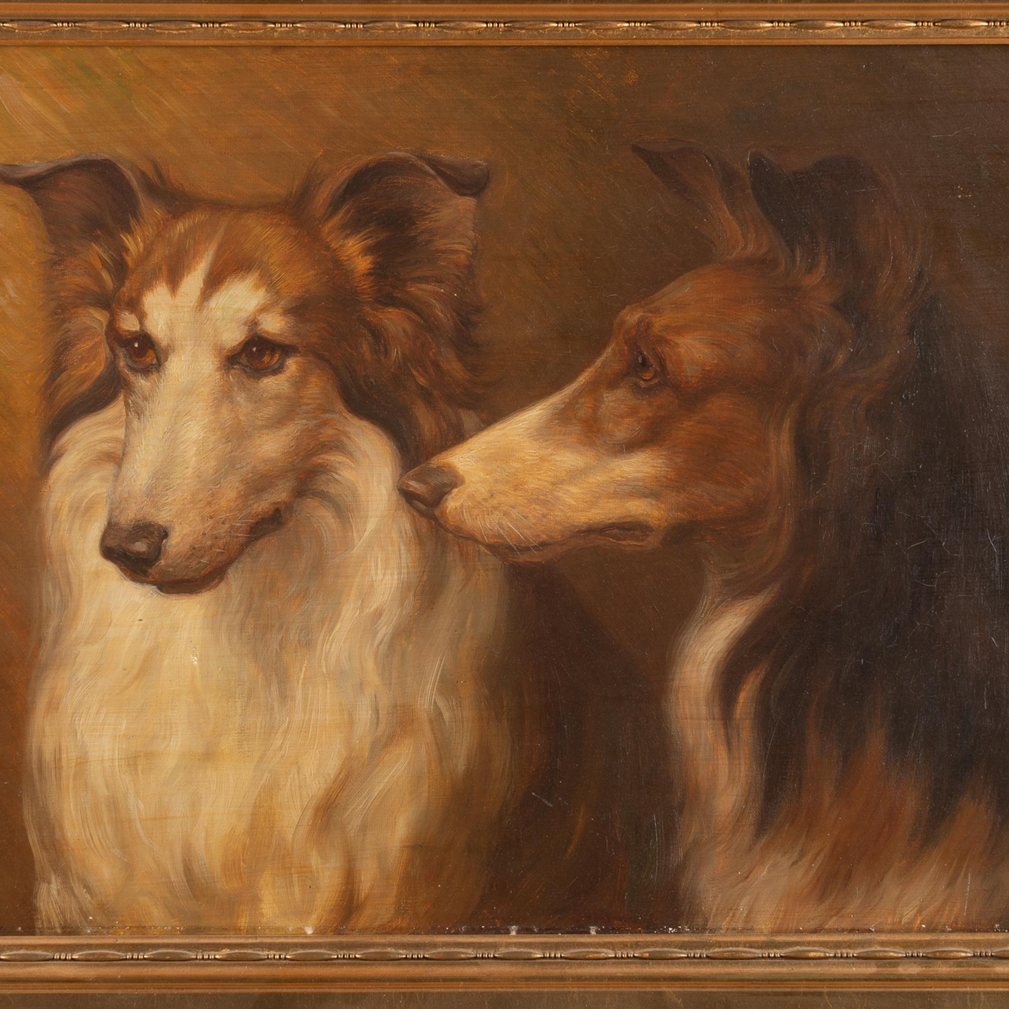 Danish Original Oil on Canvas Painting of Two Collies by G.A. Clemens Signed Dated 1915 For Sale