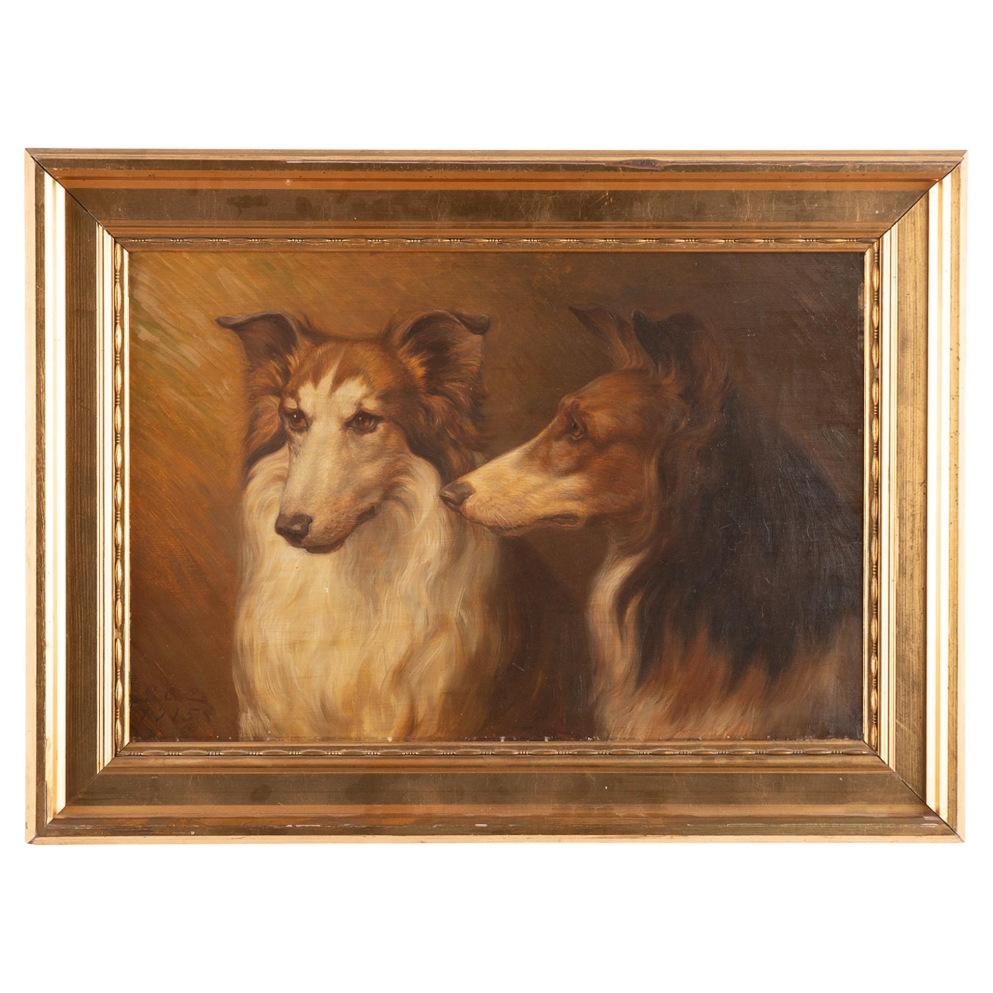 Original Oil on Canvas Painting of Two Collies by G.A. Clemens Signed Dated 1915