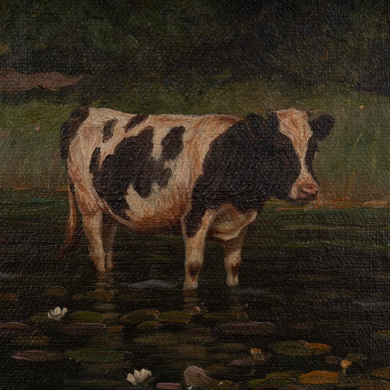 20ième siècle Peinture originale à l'huile sur toile représentant deux vaches dans un étang, signée et datée de 1912 par Po en vente
