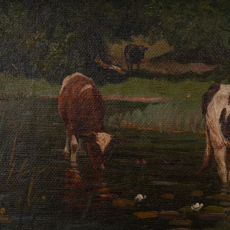 Toile Peinture originale à l'huile sur toile représentant deux vaches dans un étang, signée et datée de 1912 par Po en vente