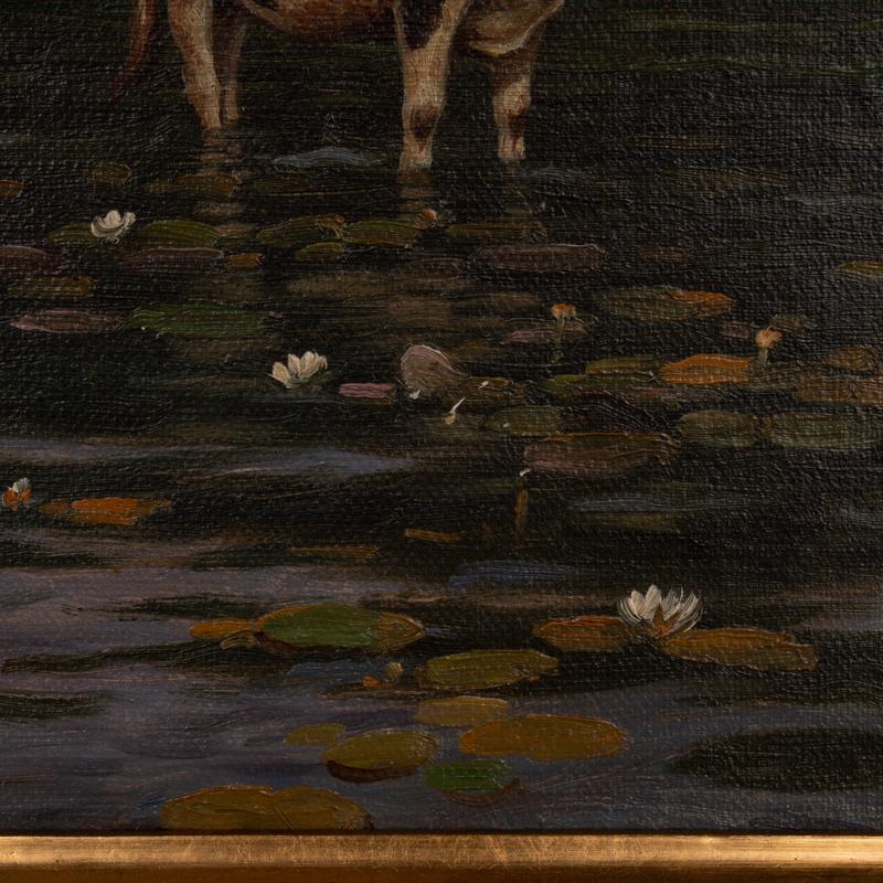 Original Oil on Canvas Painting of Two Cows in Pond, Signed and Dated 1912 by Po 2