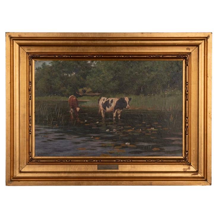 Peinture originale à l'huile sur toile représentant deux vaches dans un étang, signée et datée de 1912 par Po en vente