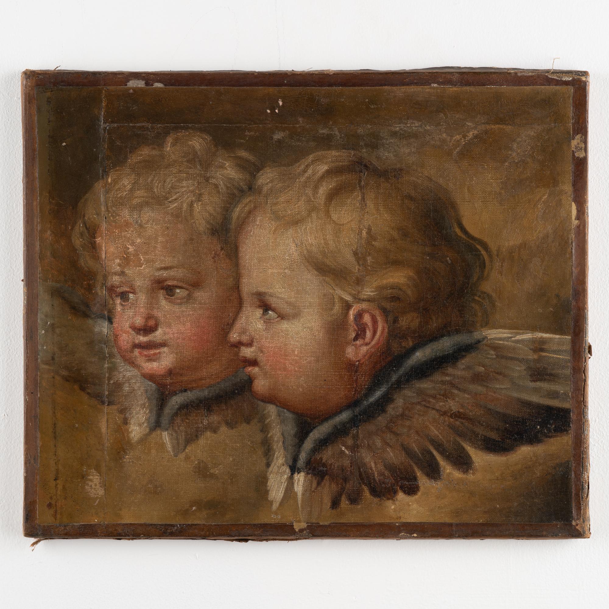 Original oil on canvas portrait painting of two putti with lovely cherub faces crowned by wings. 
Canvas shows extensive craquelure, long vertical and horizontal cracks, old repairs, small holes/pricks etc. Will likely benefit from a light surface