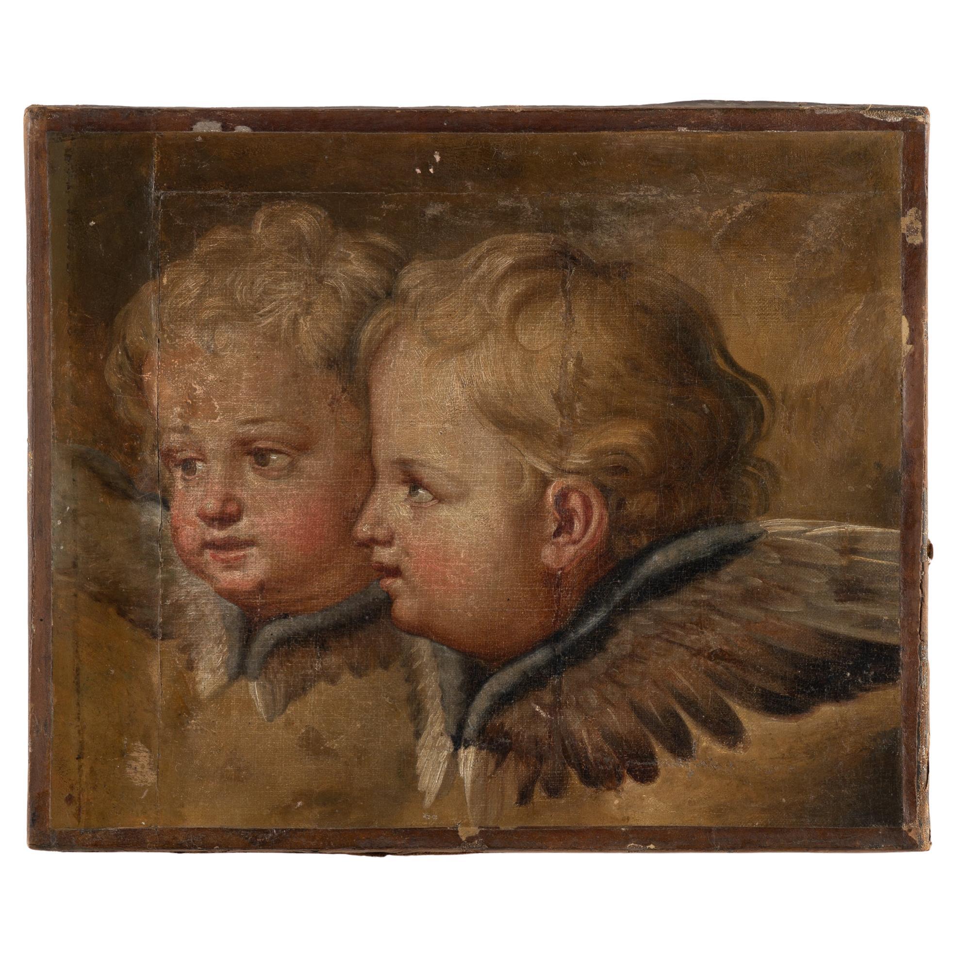 Original Oil on Canvas Painting of Two Putti Cherubs, Denmark circa 1840-60