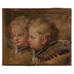Peinture originale à l'huile sur toile représentant deux chérubins putti, Danemark vers 1840-60