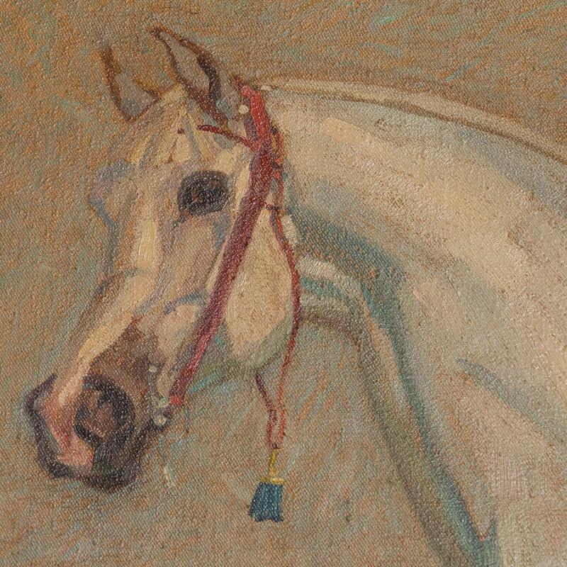 English Original Oil on Canvas Painting of White Arabian Horse Signed Georg Lebrecht