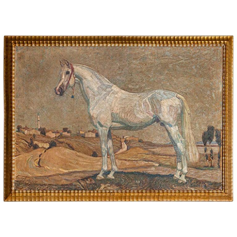Original Oil on Canvas Painting of White Arabian Horse Signed Georg Lebrecht