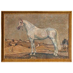Antique Original Oil on Canvas Painting of White Arabian Horse Signed Georg Lebrecht