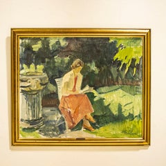 Original Oil on Canvas Painting of Woman Reading in the Garden, Signed Robert Le