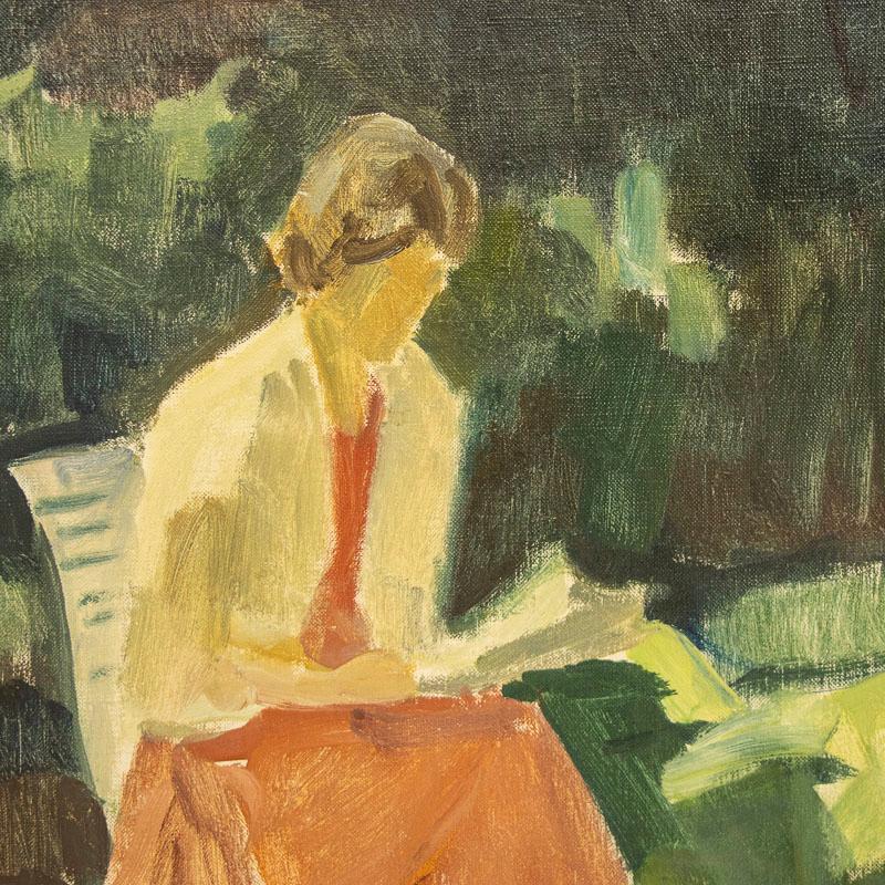 Original Oil on Canvas Painting of Woman Reading in the Garden, Signed Robert Le 1