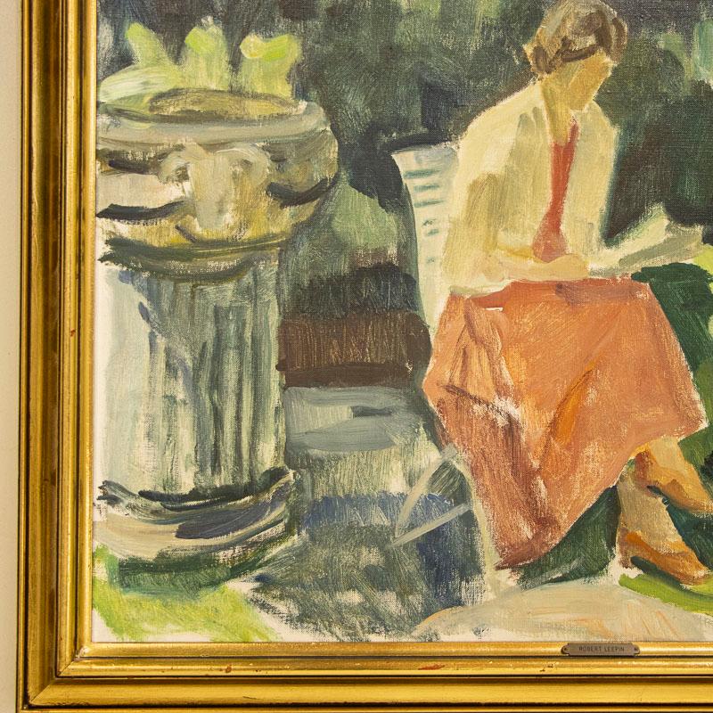 Original Oil on Canvas Painting of Woman Reading in the Garden, Signed Robert Le 4