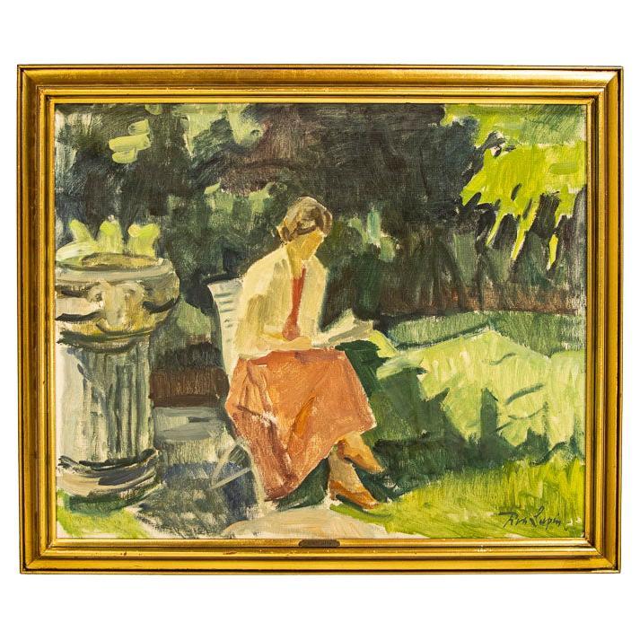 Original Oil on Canvas Painting of Woman Reading in the Garden, Signed Robert Le