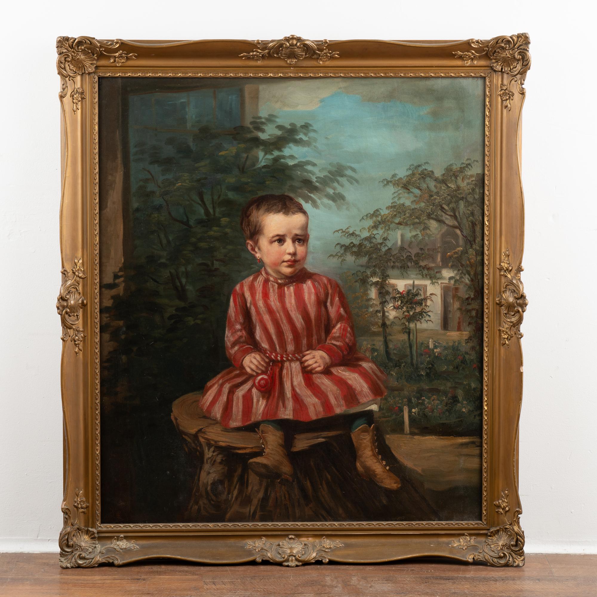 Original oil on canvas painting of young girl in bright red dress sitting on tree stump.
Signature and date in upper right corner, mostly covered by frame.
Canvas in good age related condition, old repairs (see photo of back), minor scratches and