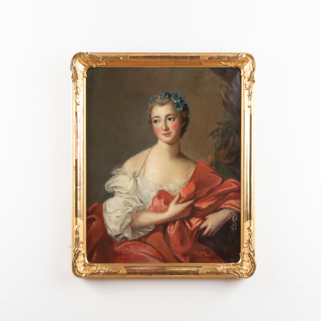 An original oil on canvas portrait of Élisabeth-Louise de Boullogne, Marquise de l'Hôpital (1721-1767), lady-in-waiting. The original portrait by Jean Marc Nattier (1685-1766) hangs in the National Museum, while this reproduction was likely executed