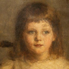 Original Oil on Canvas Portrait of Girl Standing with Bouquet of Flowers by Gust