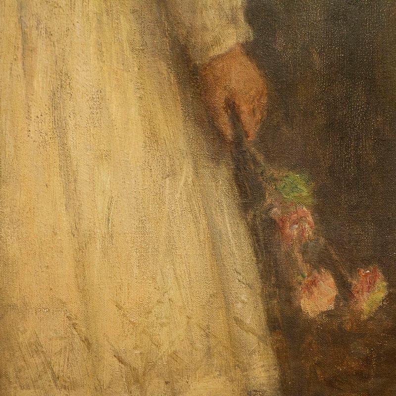 Toile Huile sur toile originale d'une jeune fille debout avec un bouquet de fleurs par Gust en vente