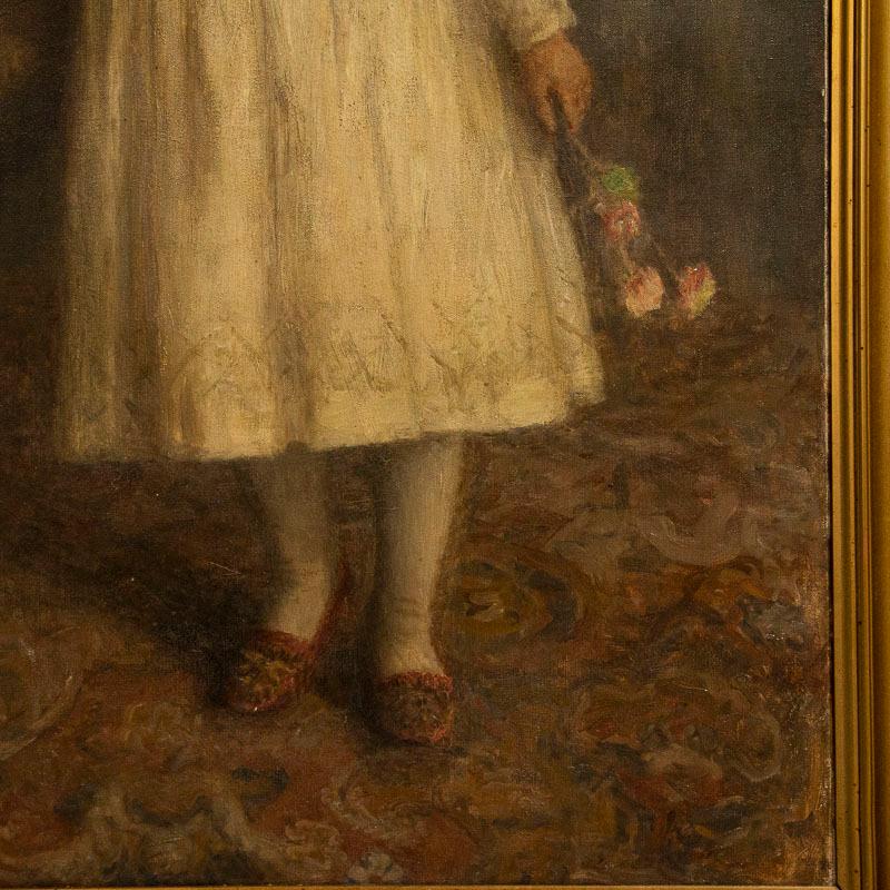 Huile sur toile originale d'une jeune fille debout avec un bouquet de fleurs par Gust en vente 1