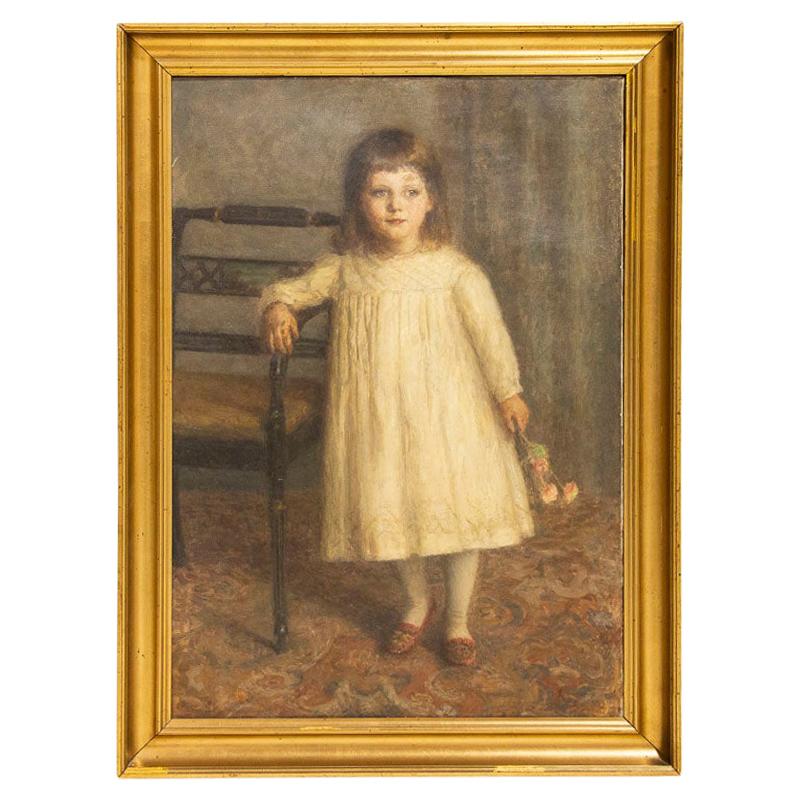 Original Oil on Canvas Portrait of Girl Standing with Bouquet of Flowers by Gust For Sale