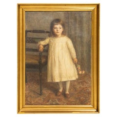 Original Oil on Canvas Portrait of Girl Standing with Bouquet of Flowers by Gust