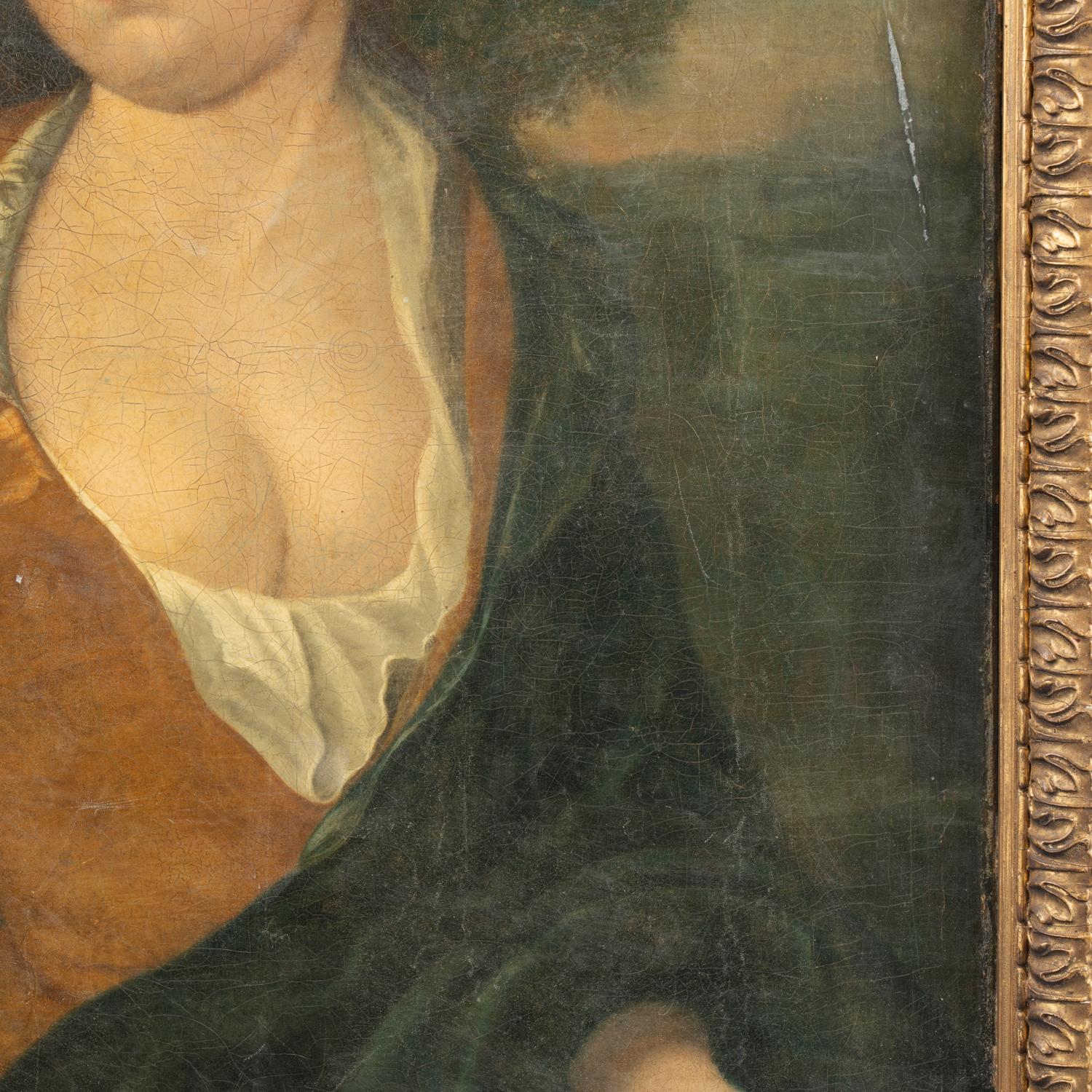 Huile sur toile originale d'une femme avec une corbeille d'équitation, Suède, circa 1700 en vente 4