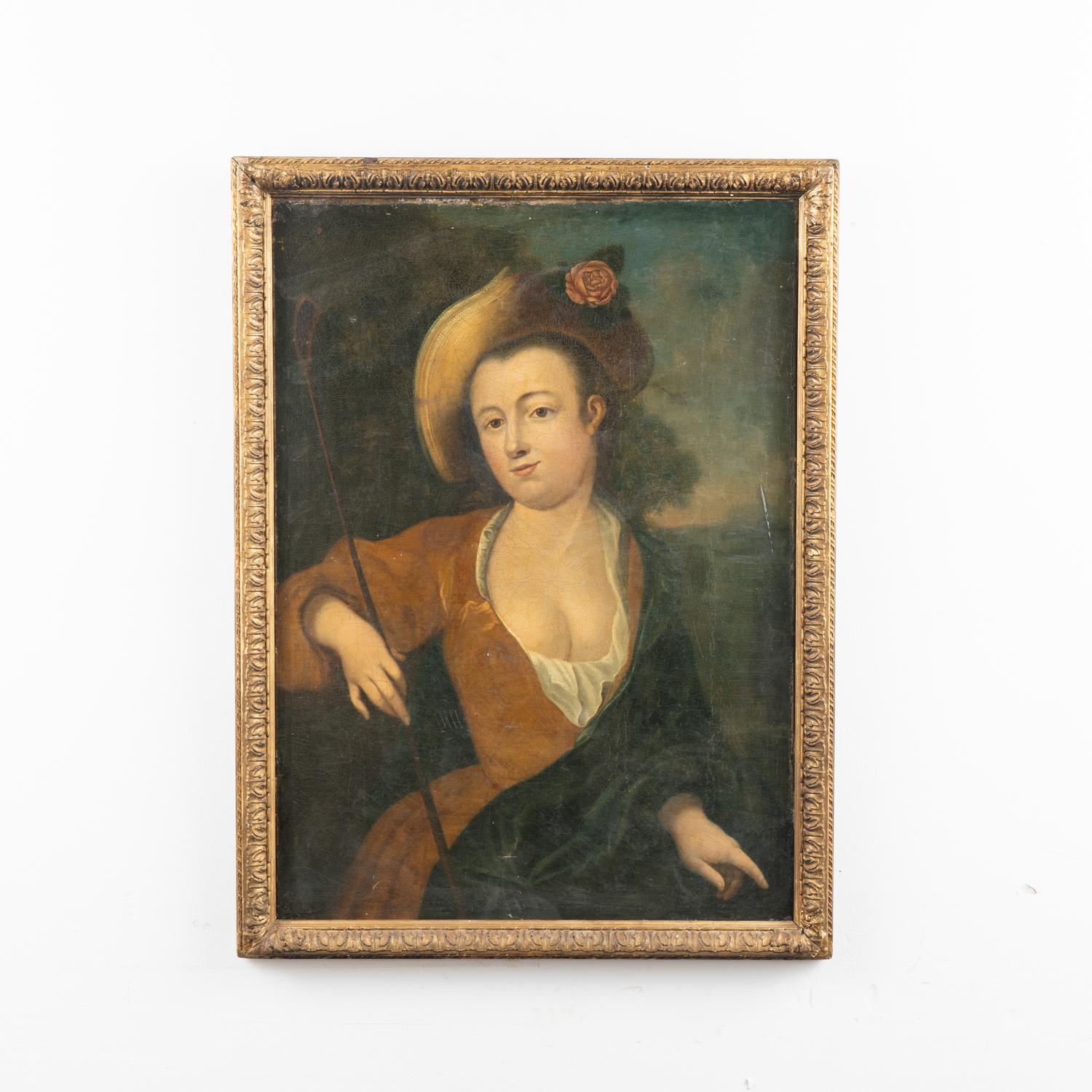 Original oil on canvas portrait of a lady with hat and riding crop.
Unknown artist, circa 1700's.
Major wear, craquelure throughout. Stains, paint loss, scratches.
Typical age related nicks, scratches, abrasions to painted frame. 
Measurements taken