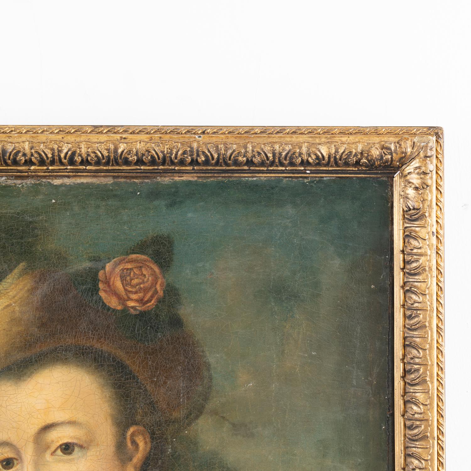 Original Öl auf Leinwand Porträt einer Dame mit Reitgerte, Schweden um 1700er Jahre (18. Jahrhundert) im Angebot