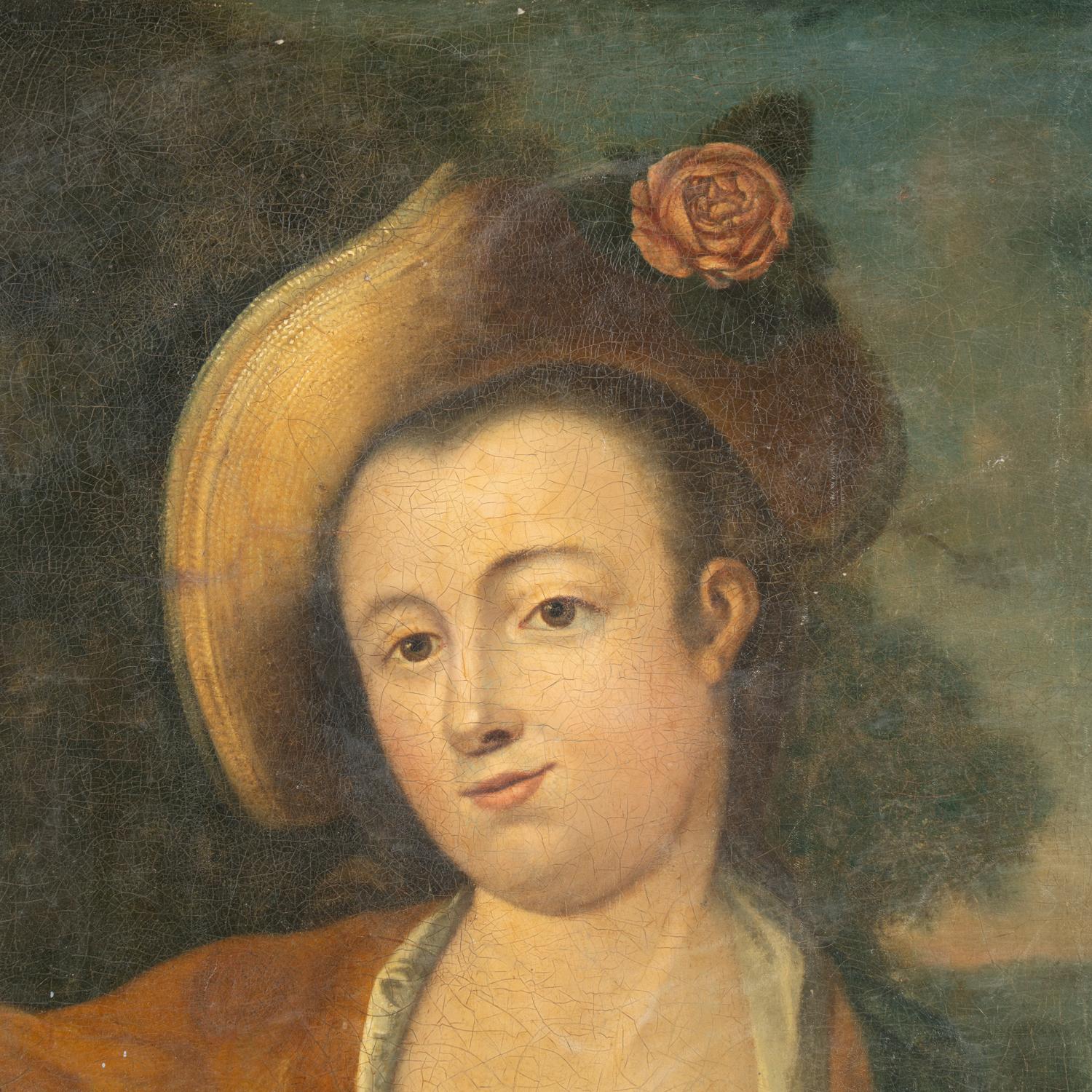 Huile sur toile originale d'une femme avec une corbeille d'équitation, Suède, circa 1700 en vente 1