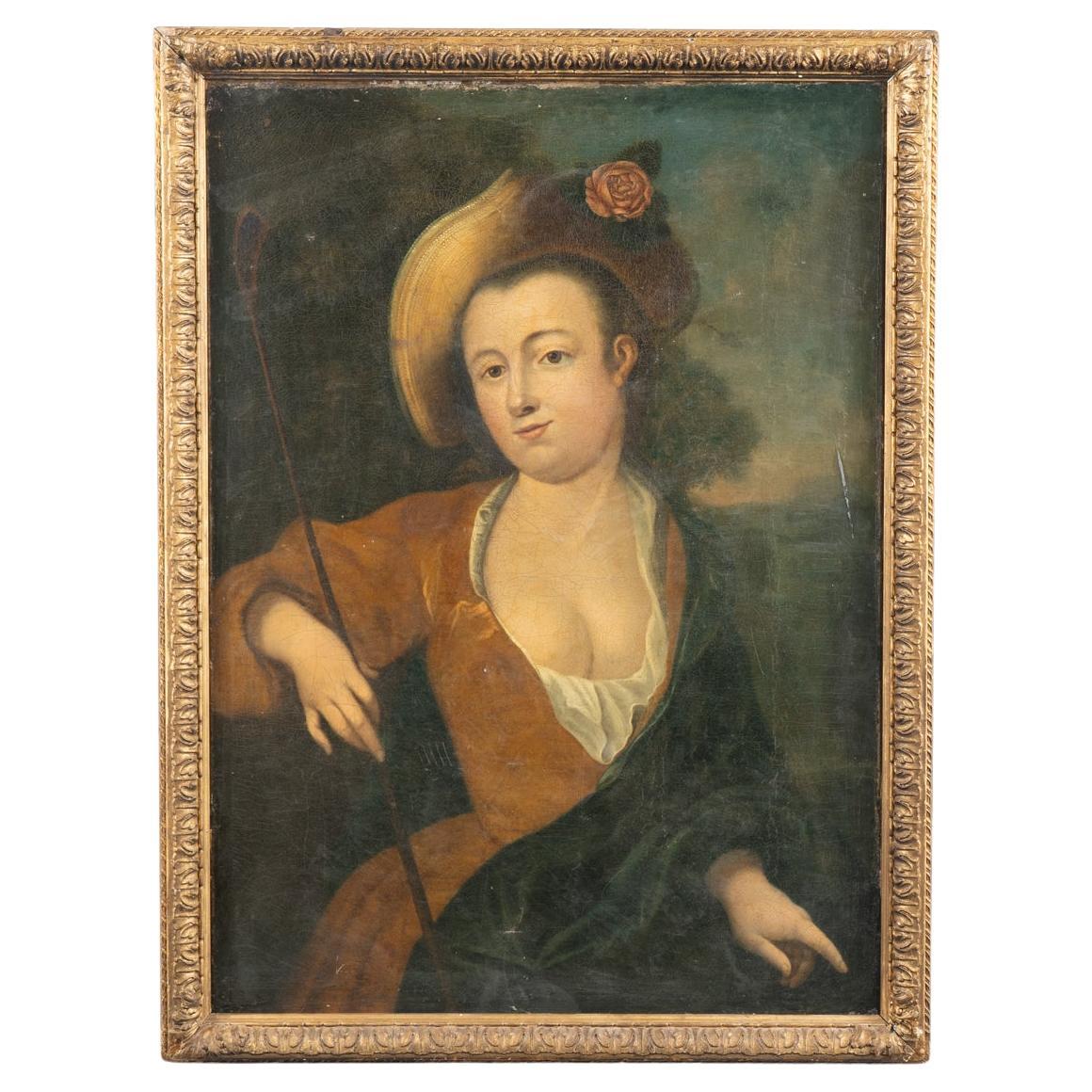 Original Oil on Canvas Portrait of Lady With Riding Crop, Sweden circa 1700's For Sale