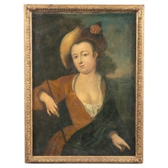Huile sur toile originale d'une femme avec une corbeille d'équitation, Suède, circa 1700
