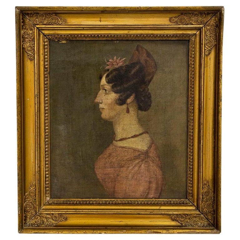 Original Oil on Canvas Portrait Painting of Young Lady in Profile For Sale