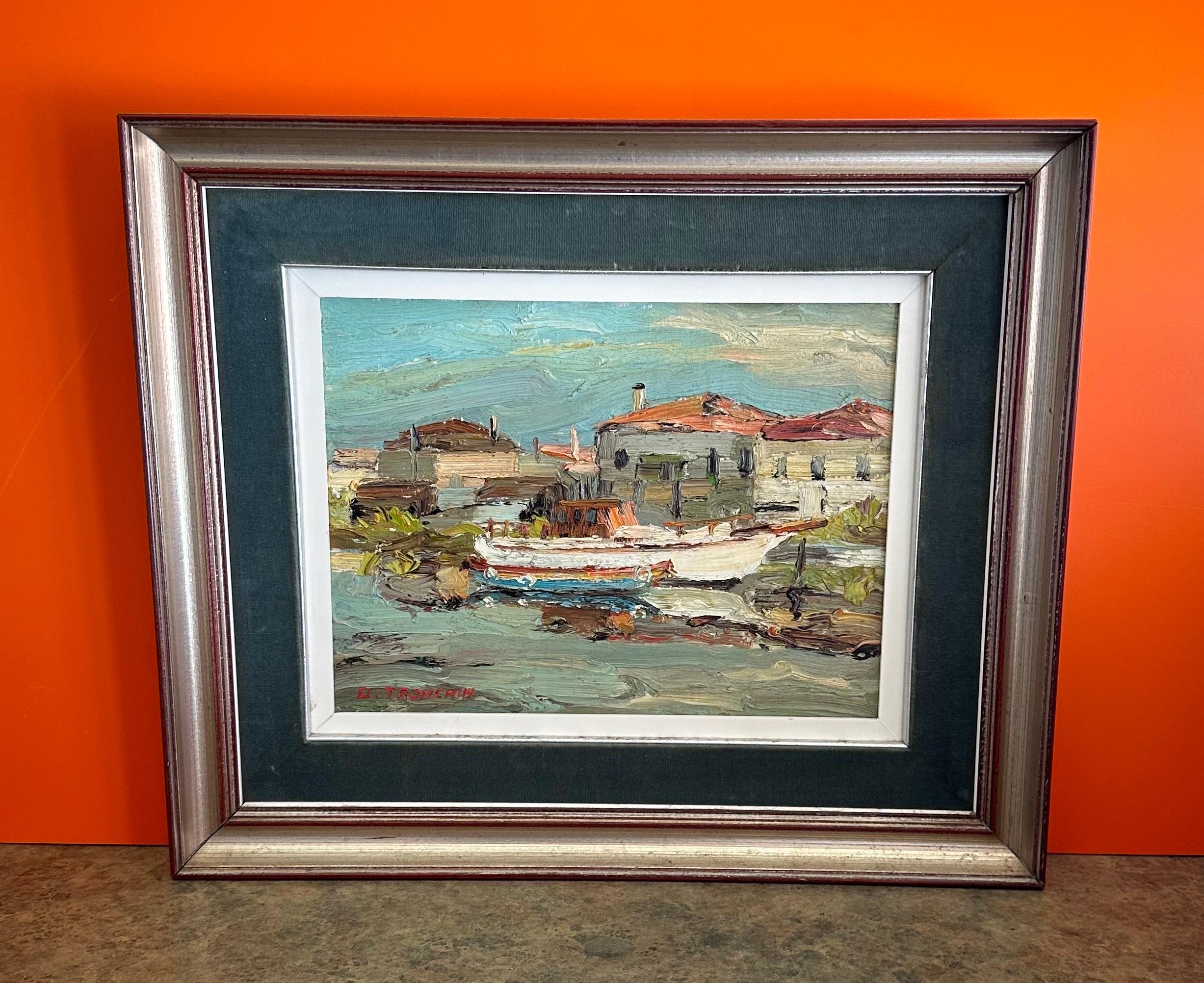 Precioso paisaje marino original al óleo sobre lienzo del artista italiano Dino Tronchin, hacia 1973. El cuadro está en magníficas condiciones vintage y mide 24