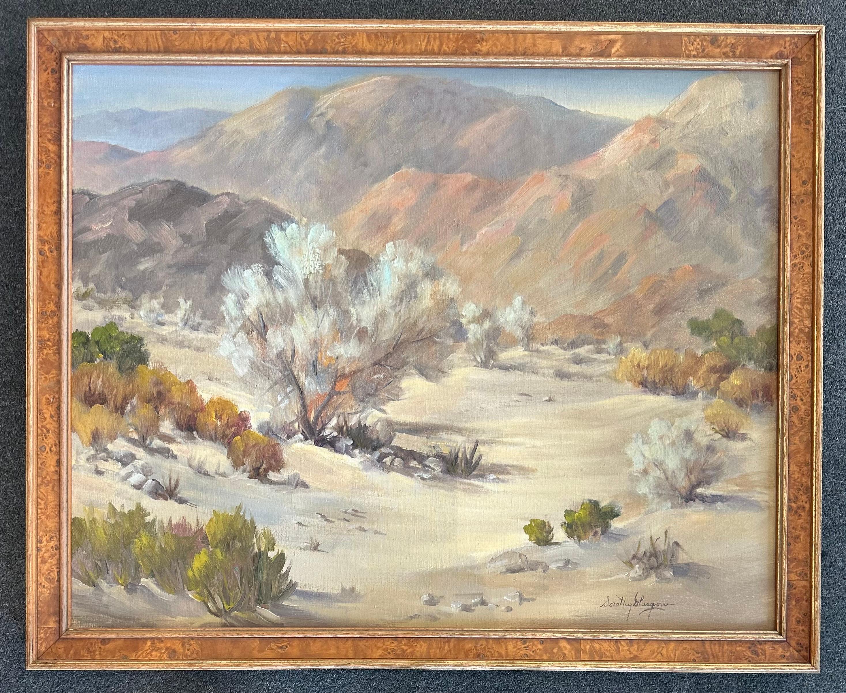 Gorgeous original oil on canvas southwest desert plein air landscape painting by listed artist Dorothy Glascow, circa 1950s. This wonderful piece measures 33.25