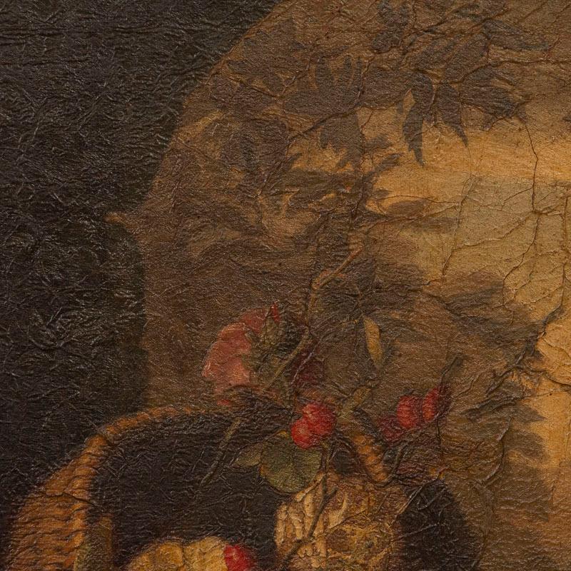 Original Oil on Canvas Still Life, Basket of Flowers, circa 1800s In Good Condition For Sale In Round Top, TX