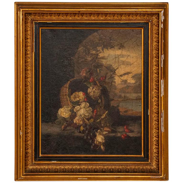 Original Oil on Canvas Still Life, Basket of Flowers, circa 1800s For Sale
