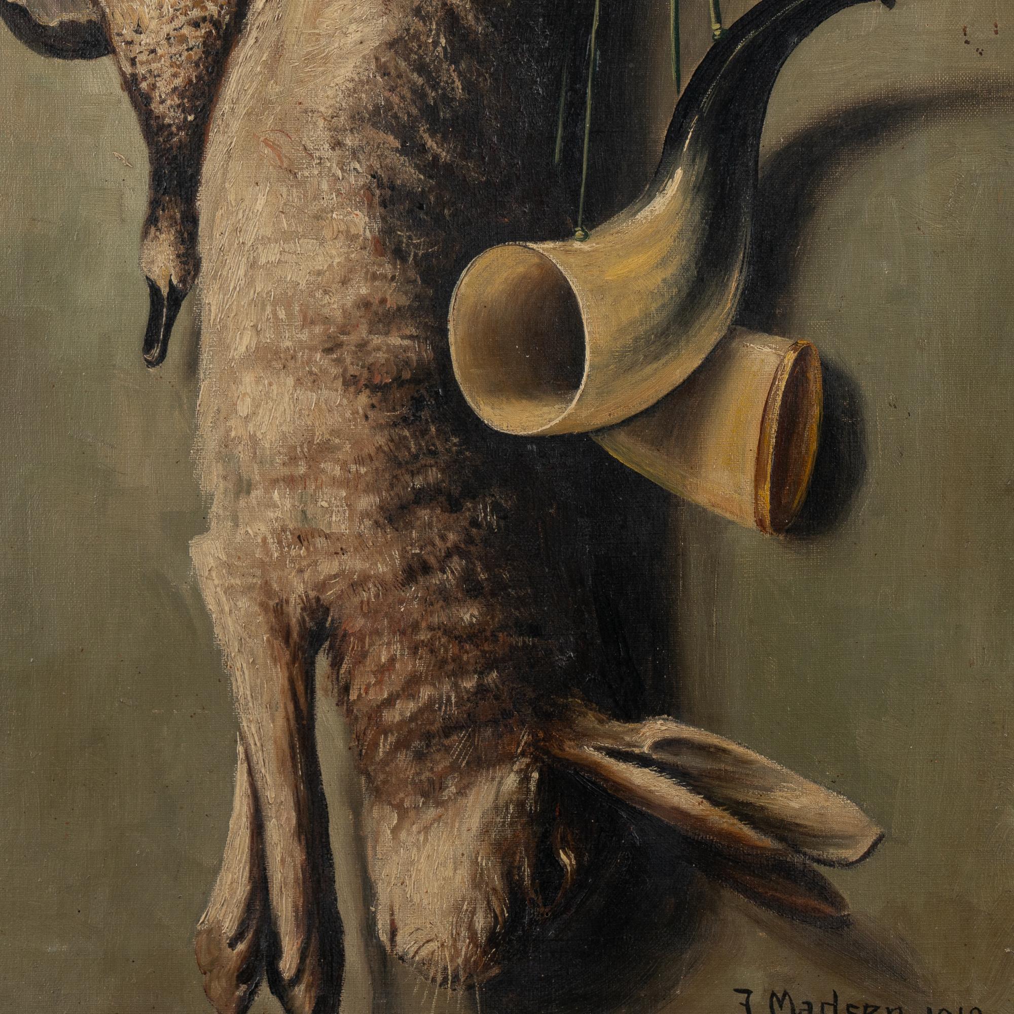 Óleo original sobre lienzo Bodegón de caza, firmado y fechado J Madsen 1913 Lienzo en venta