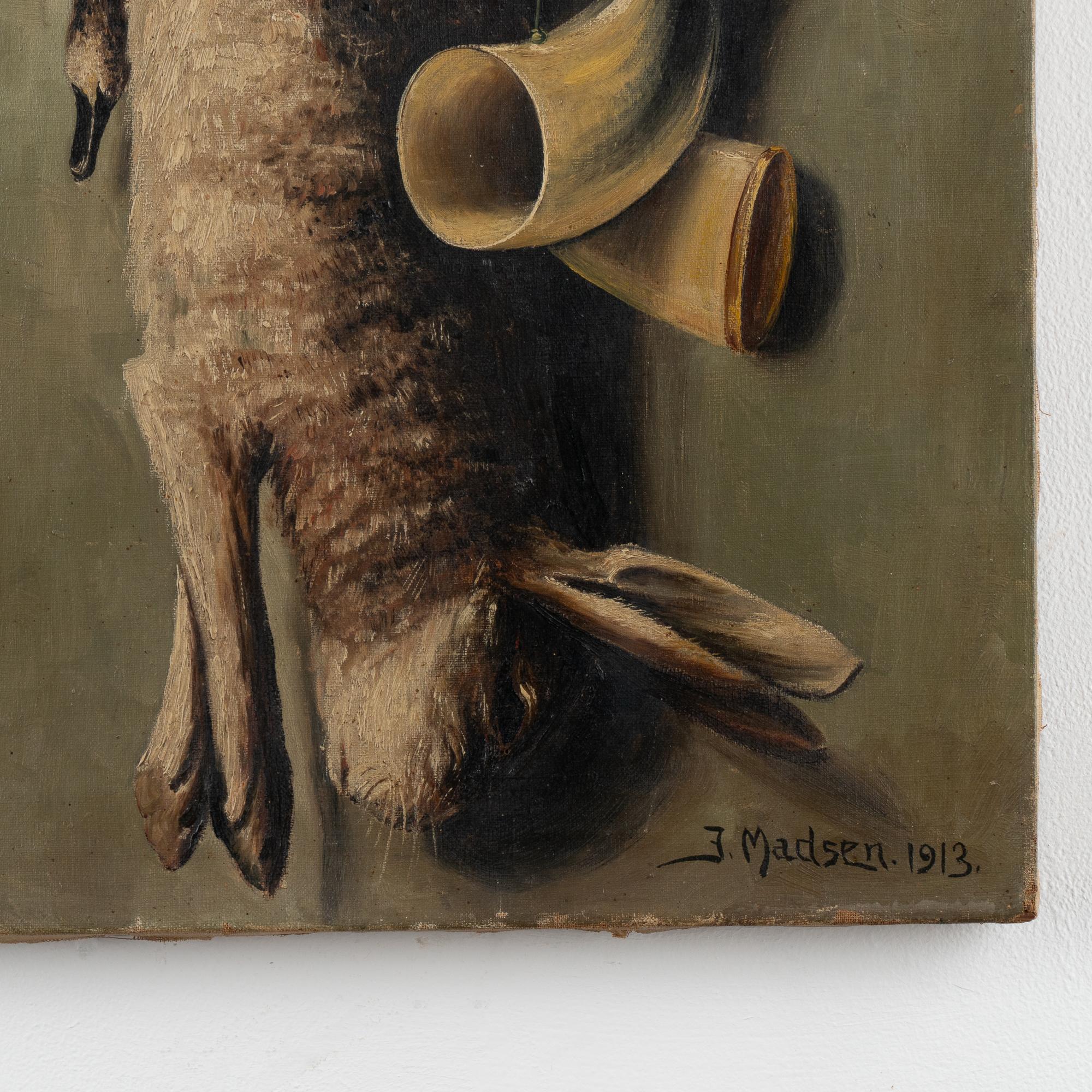 Óleo original sobre lienzo Bodegón de caza, firmado y fechado J Madsen 1913 en venta 1