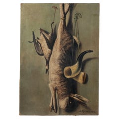 Óleo original sobre lienzo Bodegón de caza, firmado y fechado J Madsen 1913