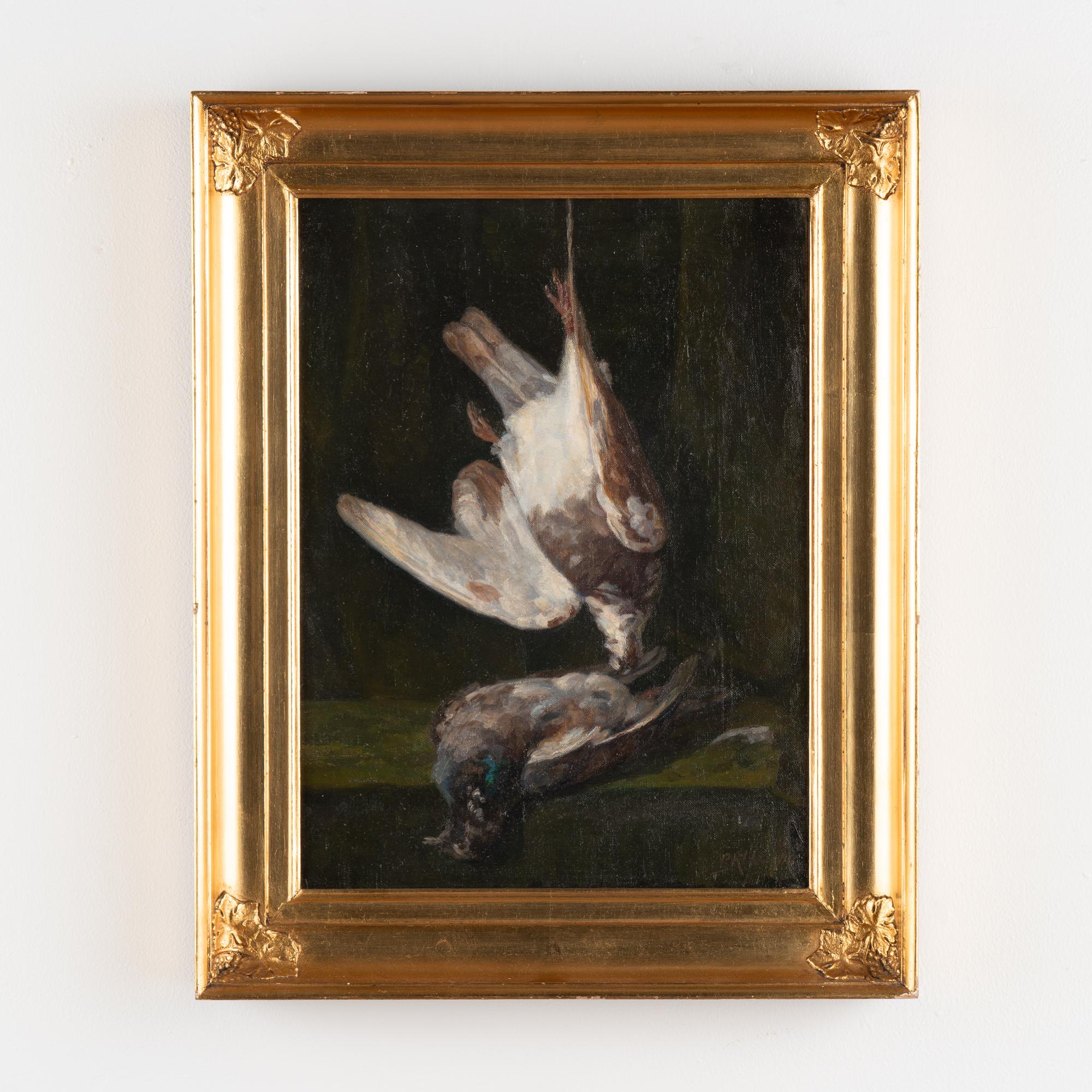 Original oil on canvas still life with birds. Signed and dated P. Klitz 1918. 
Artist: Peter Klitz (b. Assens 1874, d. 1955)
Condition:Minor craquelure and retouches. May benefit from a light surface cleaning but not necessary. Minor