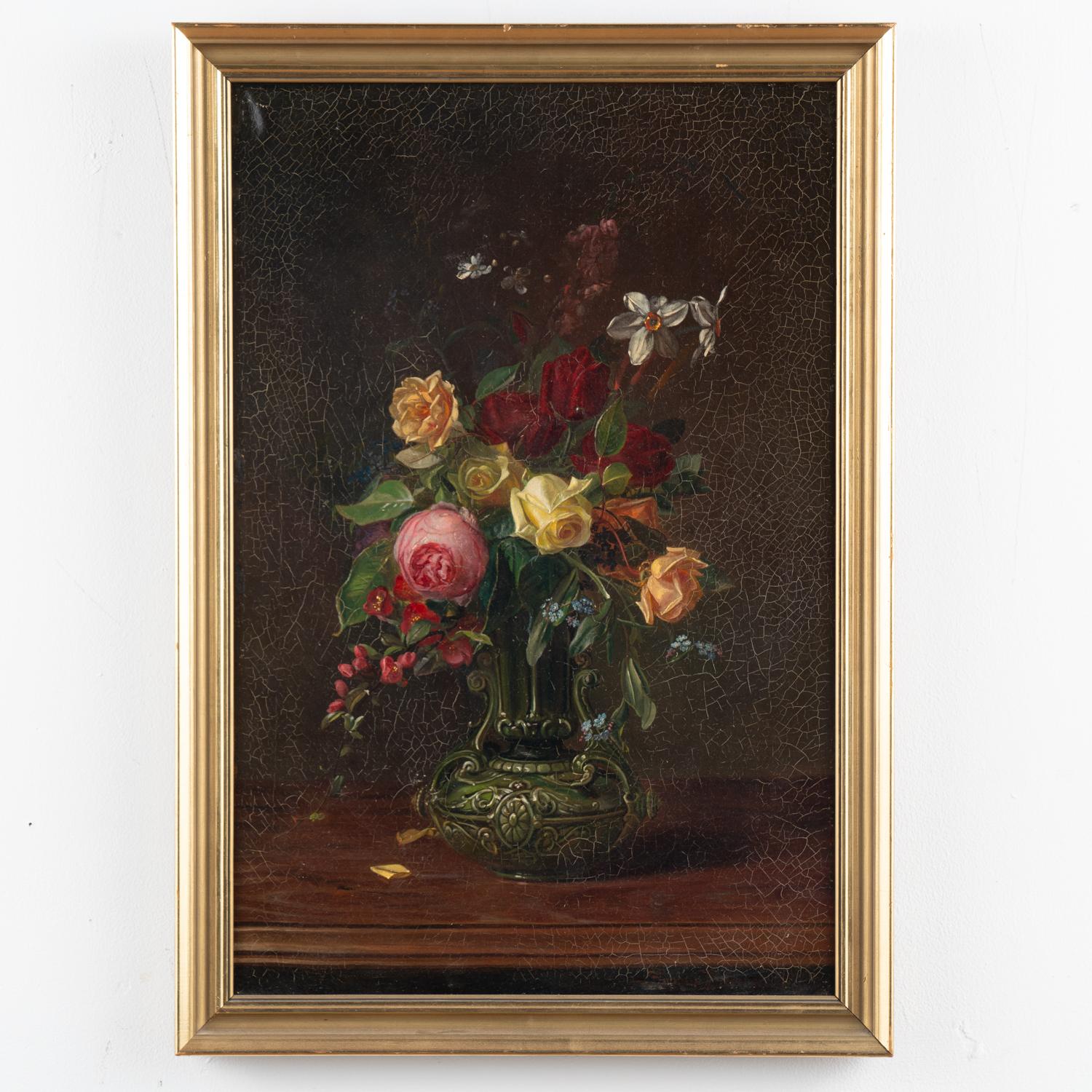 Original oil on canvas still life with bouquet of roses and other flowers in tall green vase. 
Signed and dated Sophus Petersen, 1885.
Sold in original vintage condition, craquelure throughout, some retouches and minor peelings. Canvas may benefit