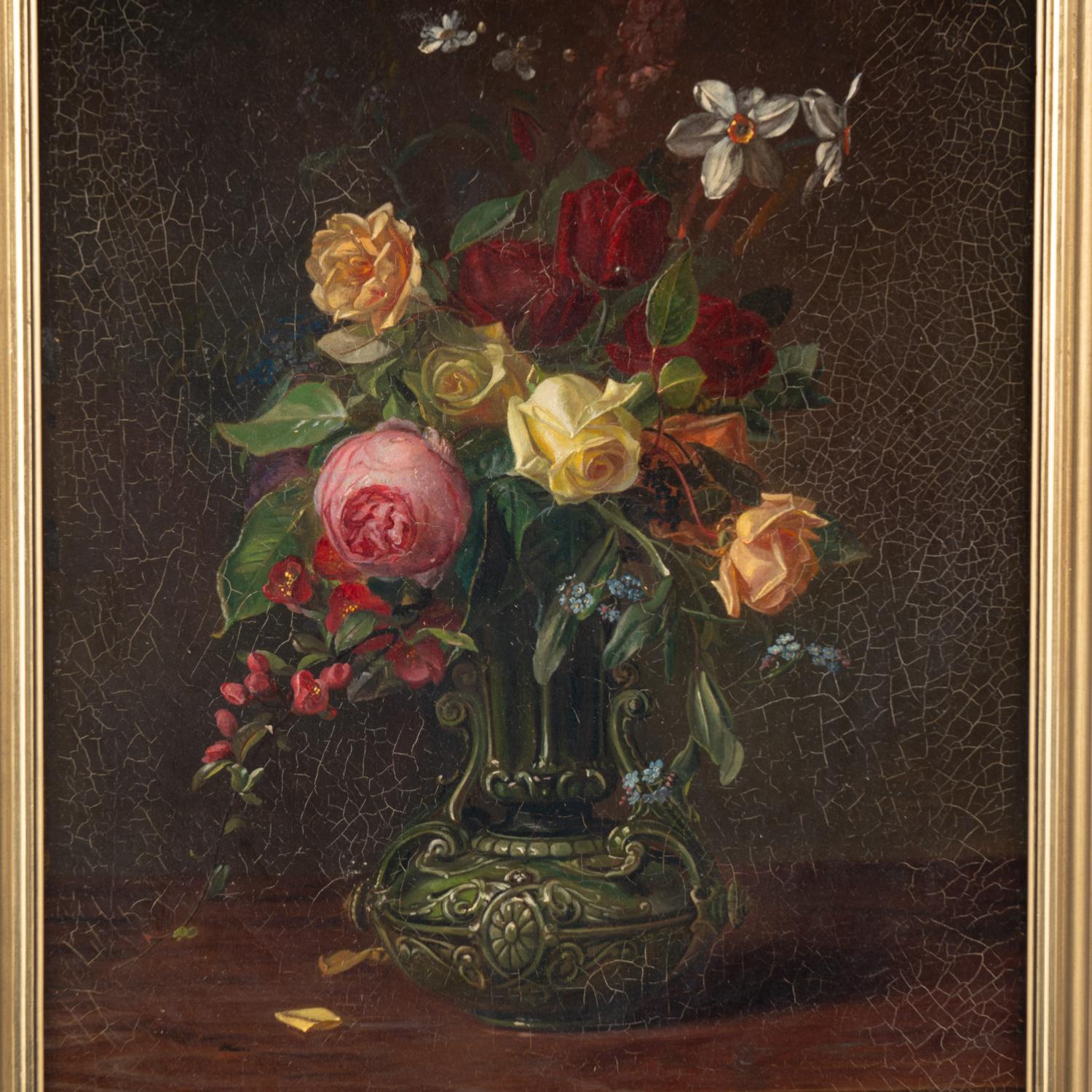 Danese Pittura originale di natura morta con fiori di Sophus Petersen, olio su tela, 1885 in vendita