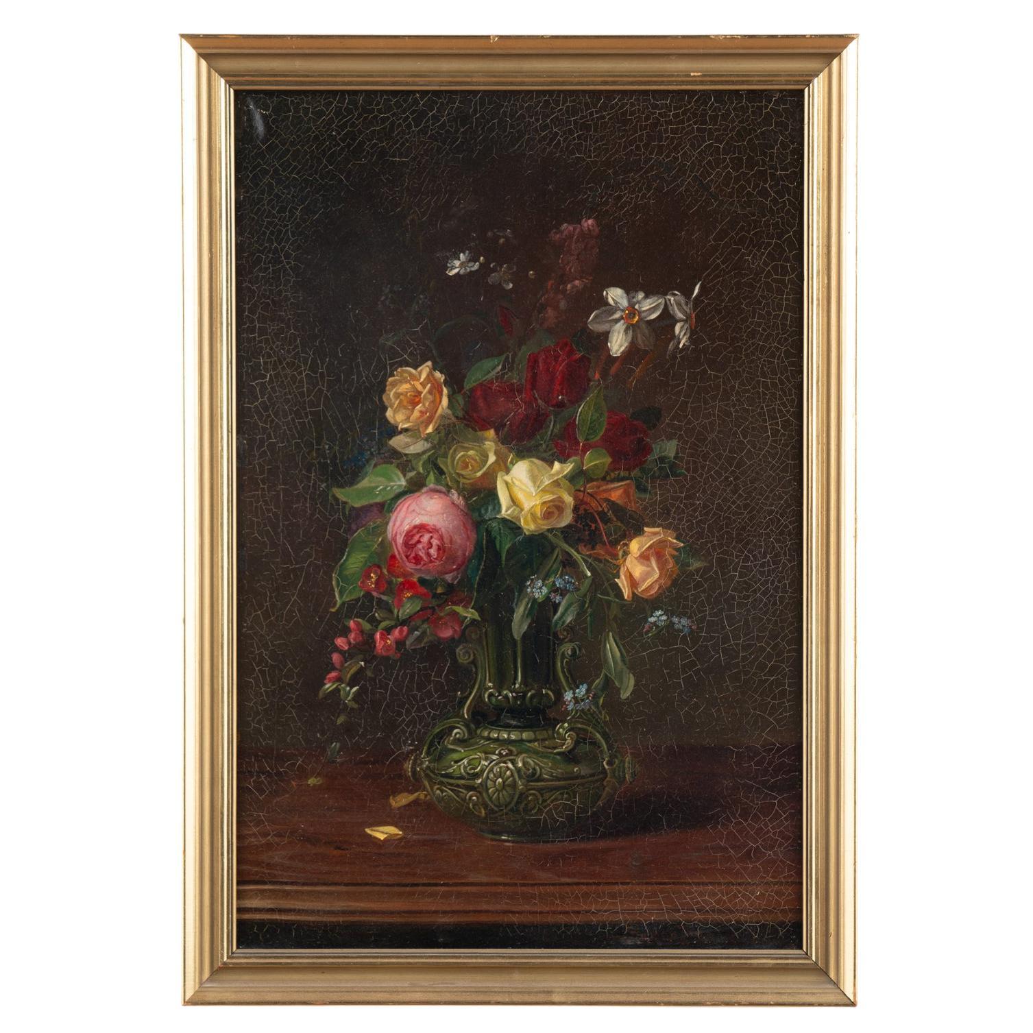 Original Oil on Canvas Still Life Painting of Flowers by Sophus Petersen, 1885 For Sale