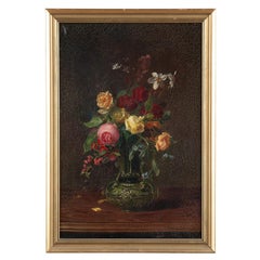 Antique Original Oil on Canvas Still Life Painting of Flowers by Sophus Petersen, 1885