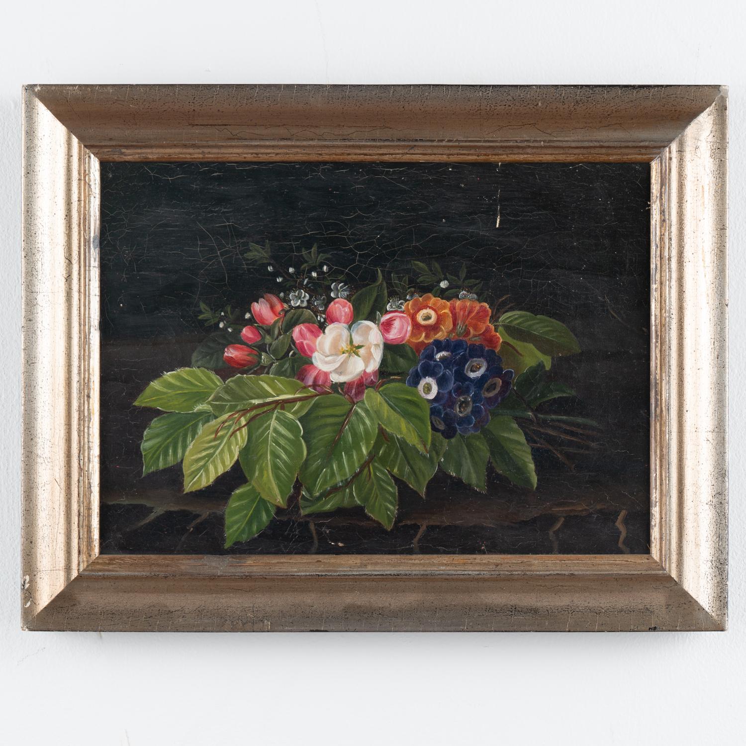 Original oil on canvas still life with auricula, cherry blossom, and beech leaves. Unsigned.
School of I. L. Jensen, 19th Century. 
Sold in original vintage condition, craquelure throughout, minor peelings, etc. Canvas may benefit from light
