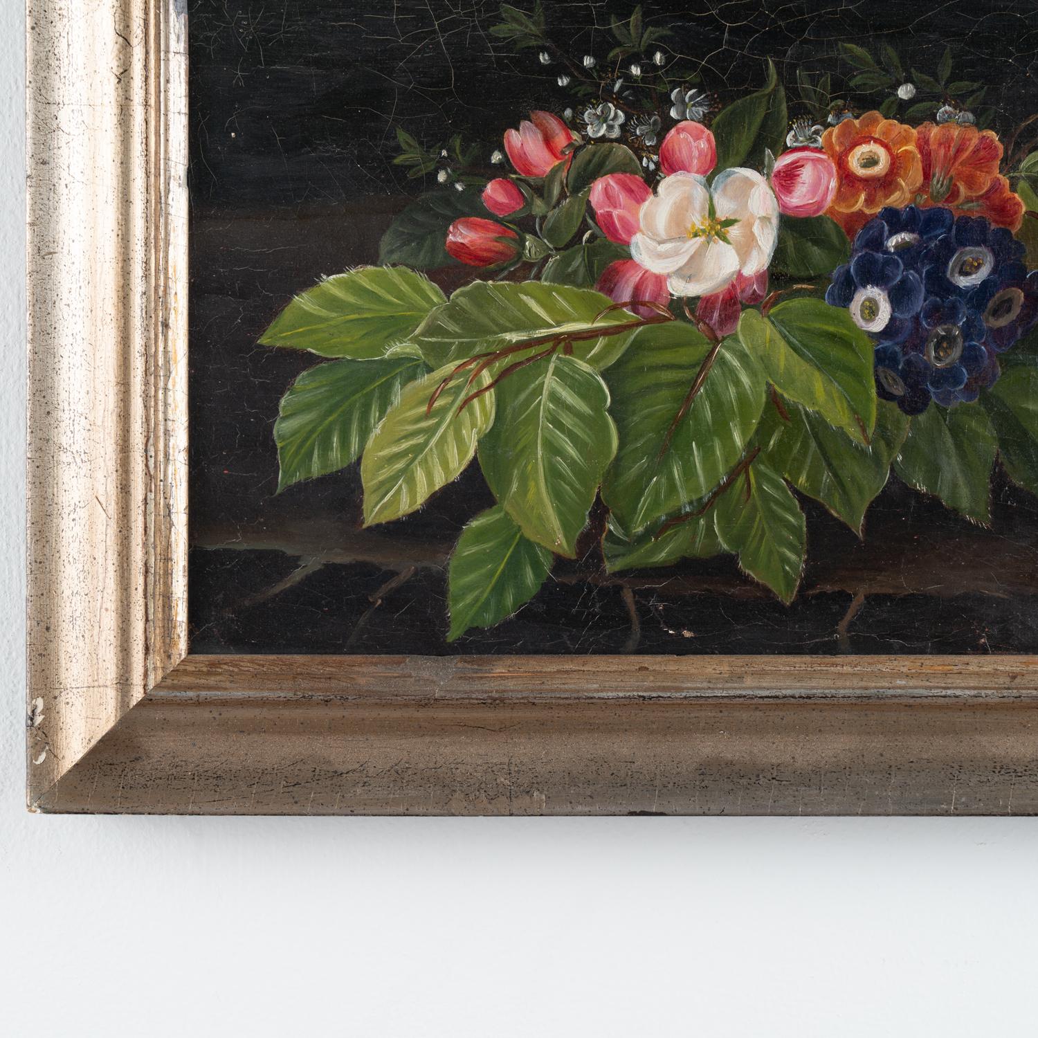 Original Oil on Canvas Still Life Painting of Flowers, Denmark circa 1860-80 In Good Condition For Sale In Round Top, TX