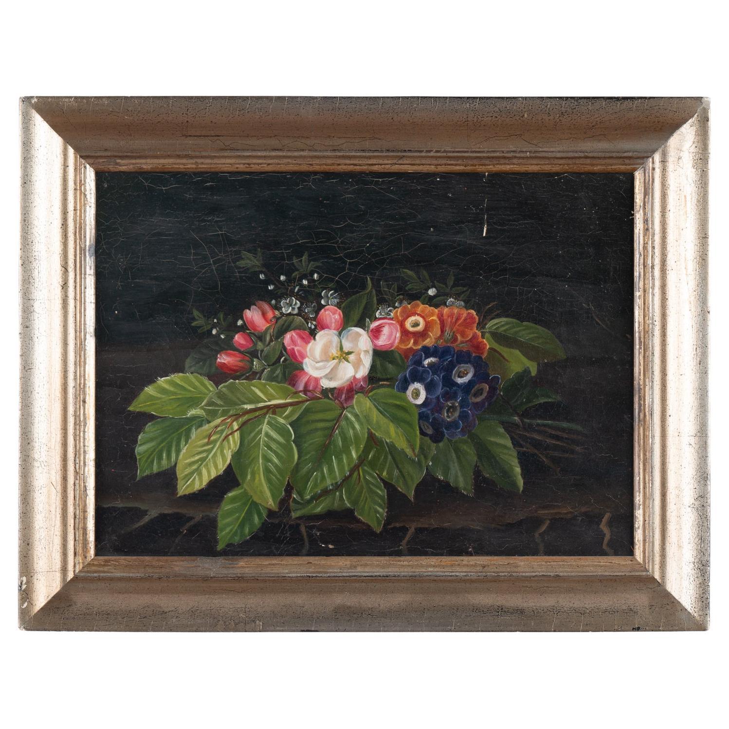Original Öl auf Leinwand Stilleben mit Blumen, Dänemark um 1860-80 im Angebot