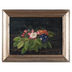 Nature morte originale à l'huile sur toile représentant des fleurs, Danemark vers 1860-80