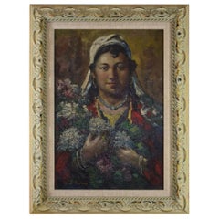 Original Oil on Canvas Woman with Flowers by Artist Ibrahim Safi Framed